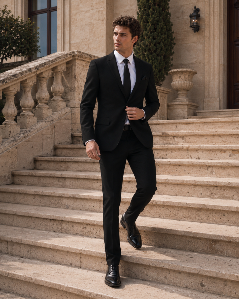 wodelli Erkek Slim Fit Siyah Mono Yaka Likralı Çift Yırtmaçlı Takım Elbise