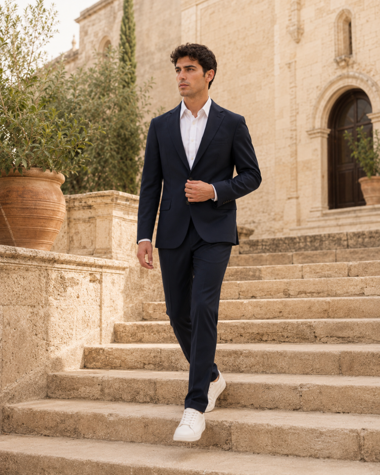 wodelli Erkek Slim Fit Lacivert Mono Yaka Likralı Çift Yırtmaçlı Takım Elbise