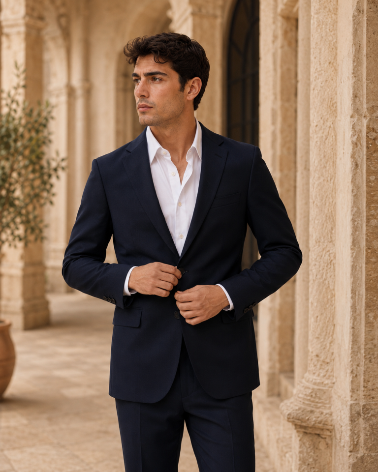 wodelli Erkek Slim Fit Lacivert Mono Yaka Likralı Çift Yırtmaçlı Takım Elbise
