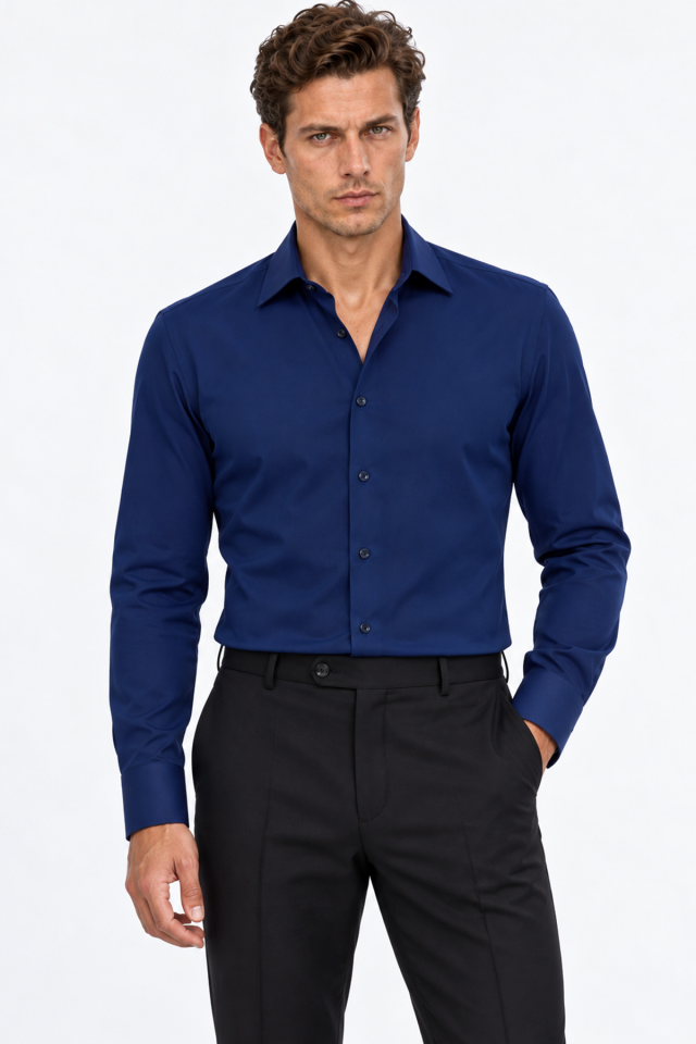 Wodelli Uzun Kol Slim Fit Dar Kesim Lacivert Non Iron Pamuklu Gömlek