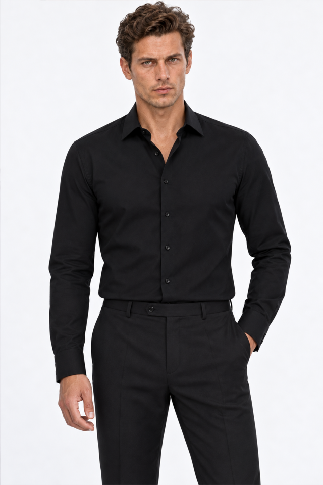 Wodelli Uzun Kol Slim Fit Dar Kesim Siyah Non Iron Pamuklu Gömlek