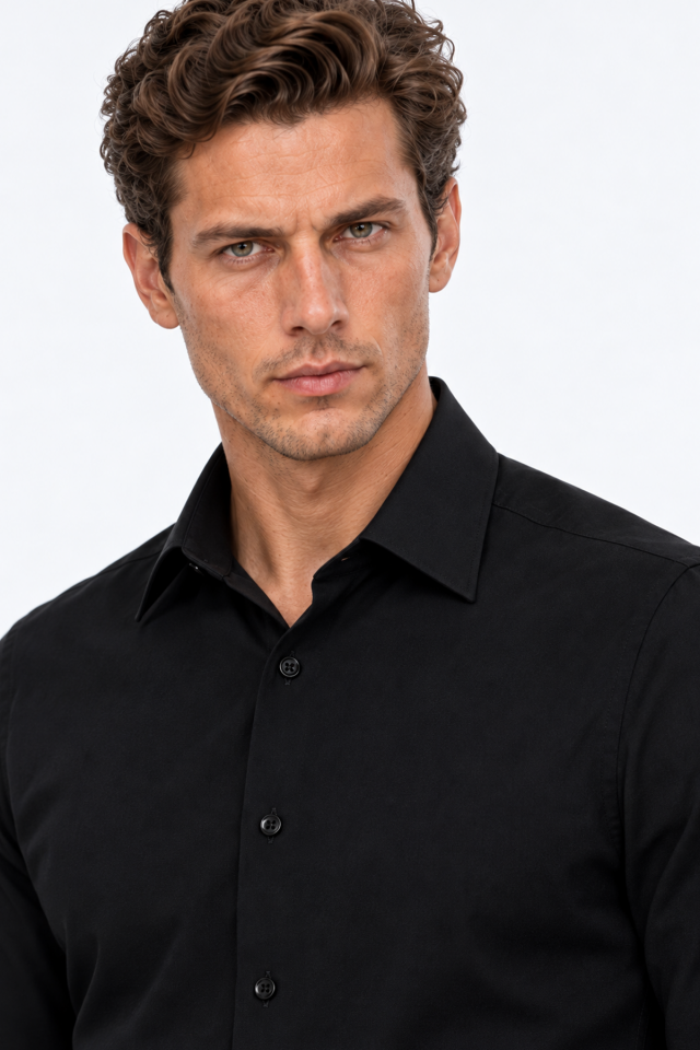 Wodelli Uzun Kol Slim Fit Dar Kesim Siyah Non Iron Pamuklu Gömlek