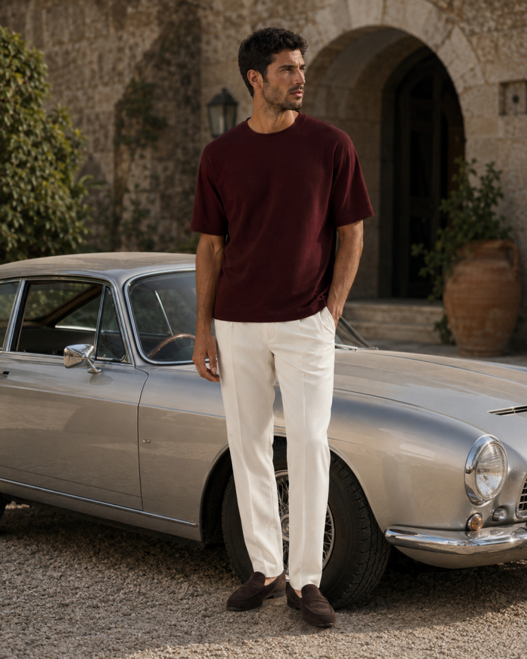 Wodelli Bordo Pike Kumaş Bisiklet Yaka Comfort Fit T-Shirt
