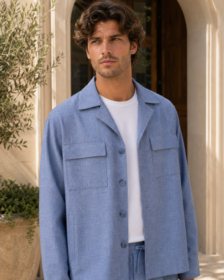 Wodelli Mavi Keten Slim Fit Safari Cep Detaylı İkili Takım