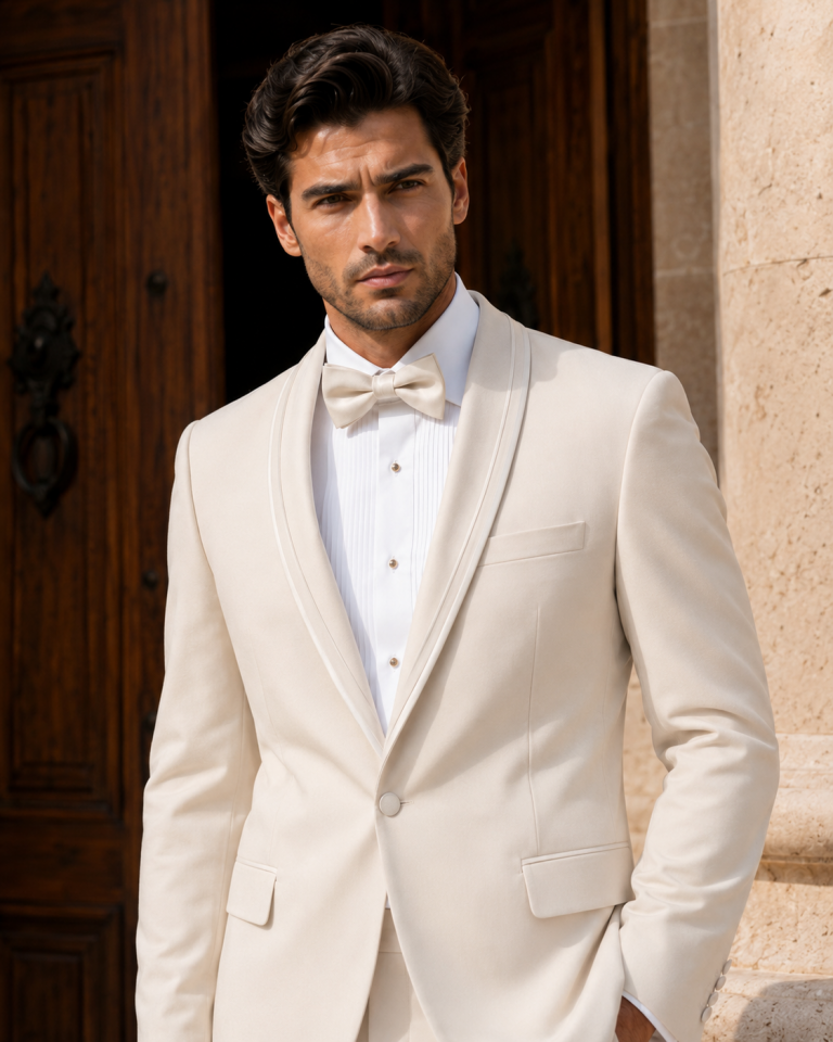 Wodelli Krem Çift Saten Yaka Slim Fit Premium Full Set Smokin Damatlık