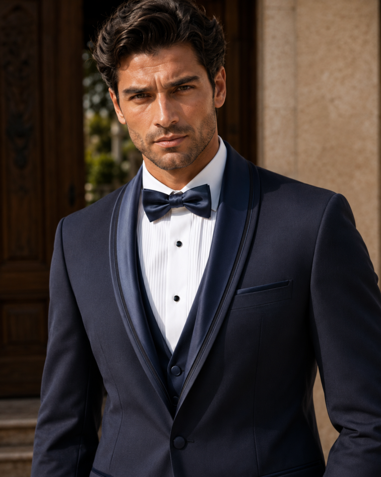 Wodelli Lacivert  Çift Saten Şal Yaka Slim Fit Premium Full Set Smokin Damatlık