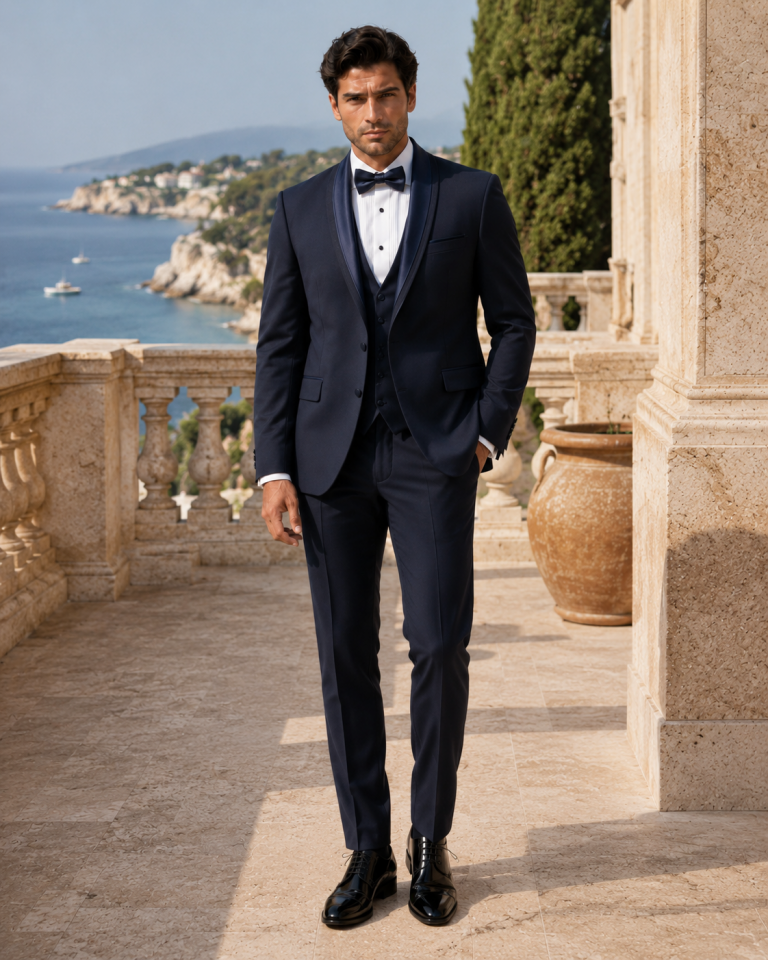 Wodelli Lacivert  Çift Saten Şal Yaka Slim Fit Premium Full Set Smokin Damatlık