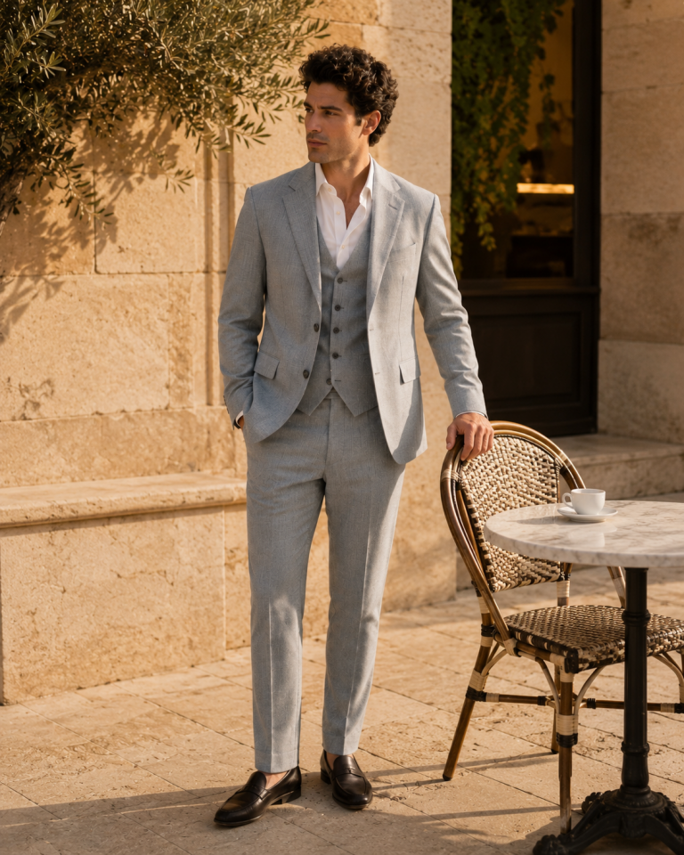 Wodelli Açık Gri Slim Fit Puntolu Mono Yaka 3’lü Takım Elbise