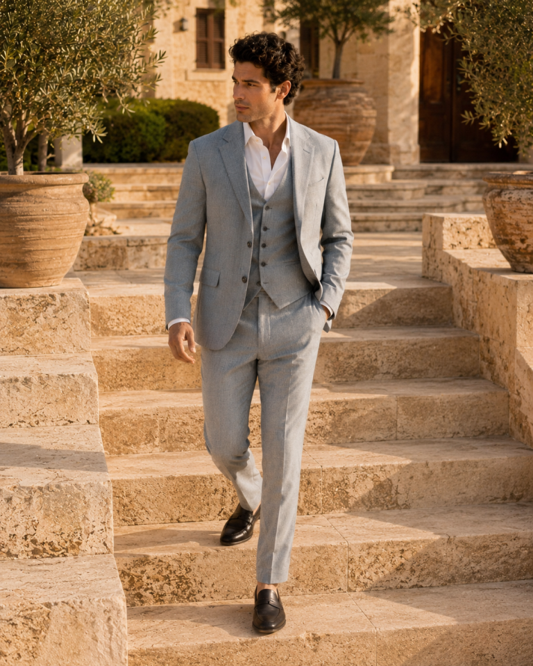 Wodelli Açık Gri Slim Fit Puntolu Mono Yaka 3’lü Takım Elbise