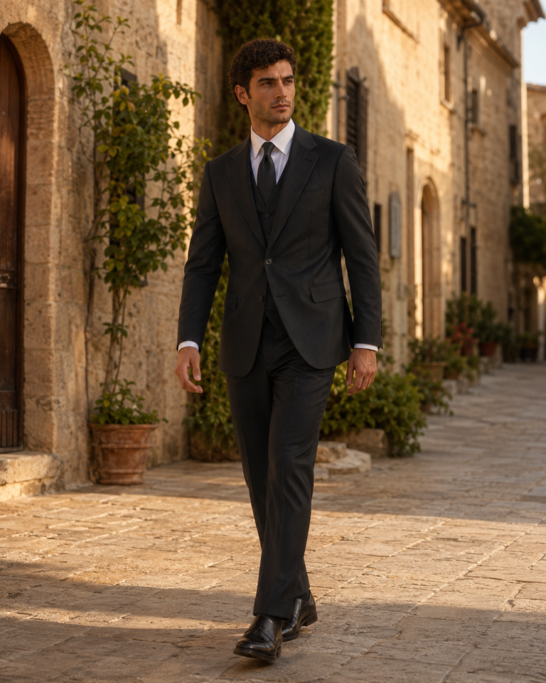 Wodelli Siyah İnce Çizgili Slim Fit Puntolu Mono Yaka 2’li Takım Elbise