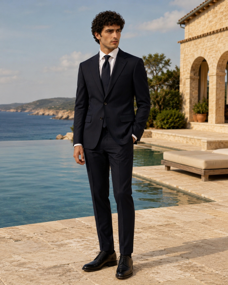 Wodelli Lacivert İnce Çizgili Slim Fit Puntolu Premium Mono Yaka 2’li Takım Elbise