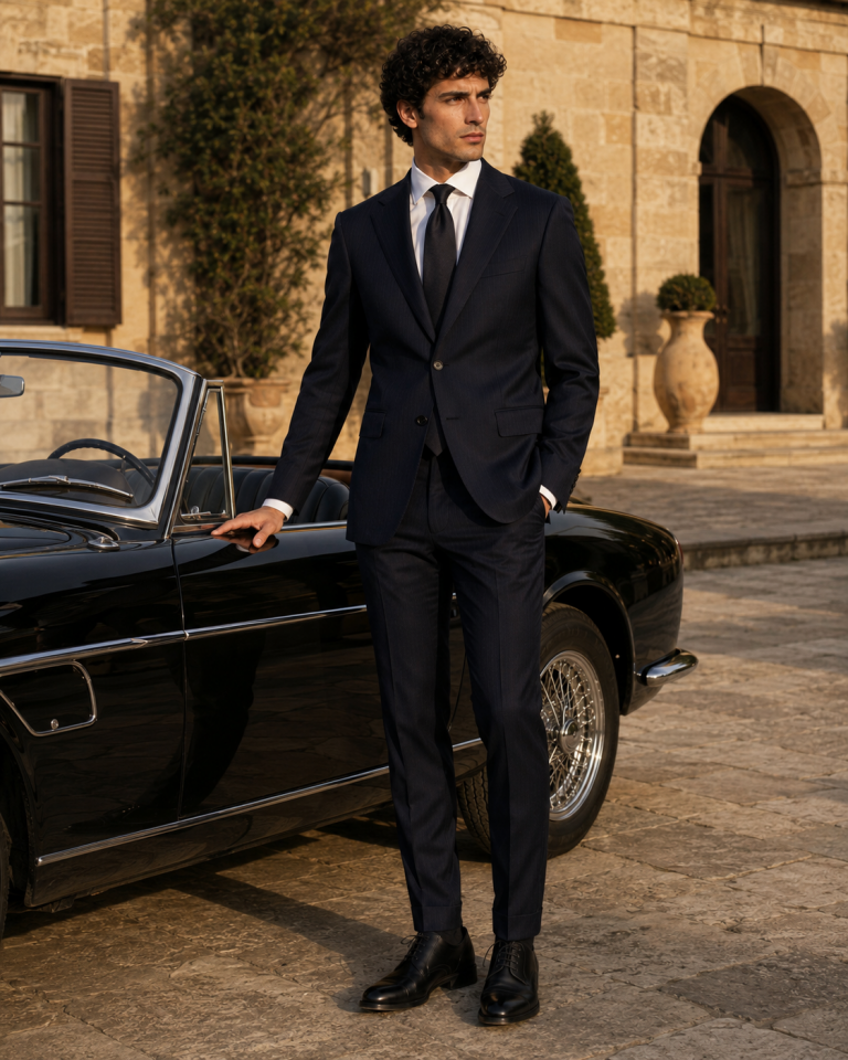 Wodelli Lacivert İnce Çizgili Slim Fit Puntolu Premium Mono Yaka 2’li Takım Elbise