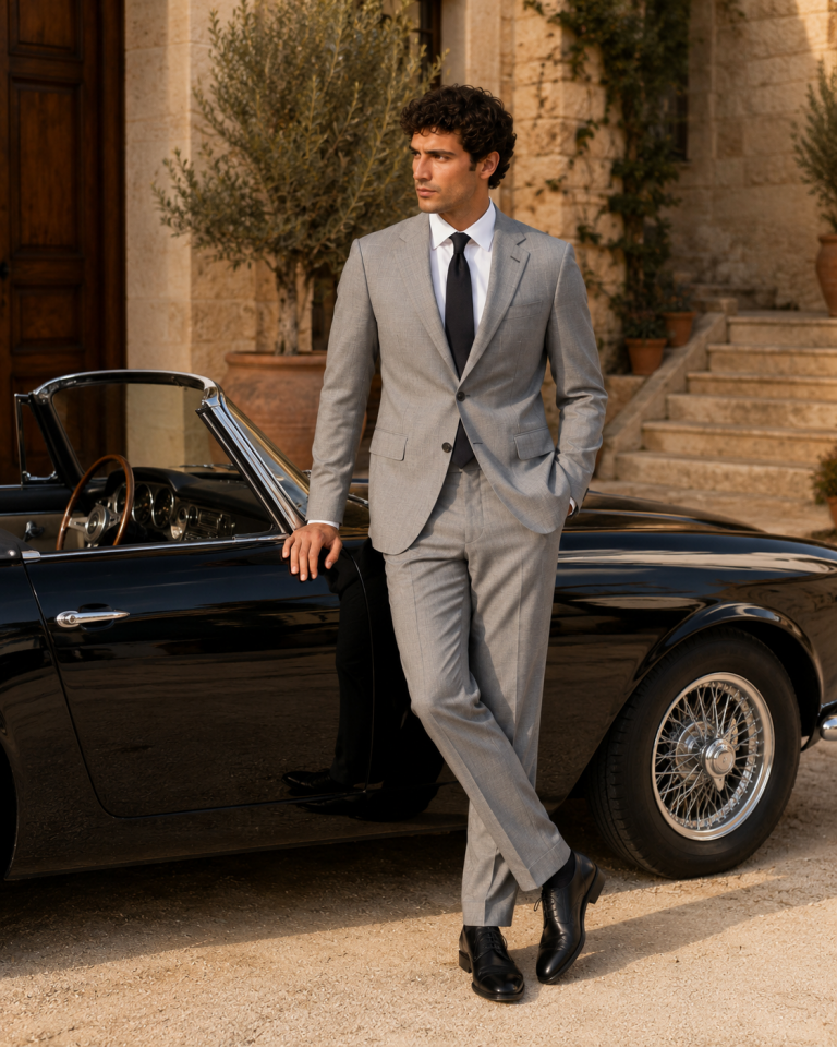 Wodelli Melanjlı Gri Slim Fit Çift Yırtmaçlı Mono Yaka 2’li Takım Elbise