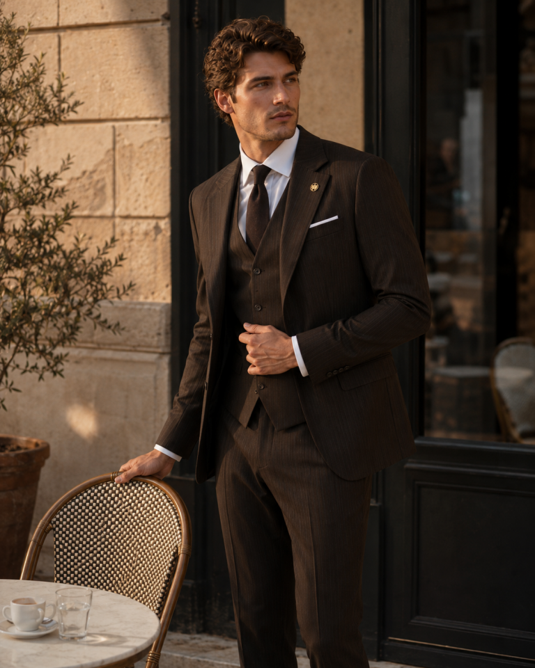 Wodelli Classics Slim Fit Kahverengi Çizgili Yelekli Mono Yaka Çift Yırtmaçlı Takım Elbise
